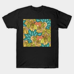 Doodle Pattern with Floral Motifs T-Shirt